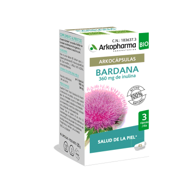 Arkocápsulas Bardana Bio. Cada cápsula contiene 350 mg de raíces criomolidas de <i>Arctium lappa</i> L. (Bardana), conteniendo 120 mg de inulina. Medicamento Envase de 45 cápsulas, CN: 183637.3. Complemento alimenticio.