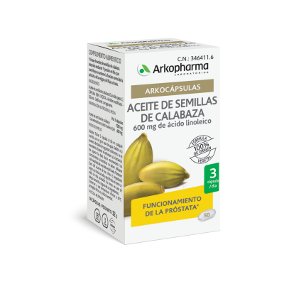 Arkocaps Aceite Semillas de Calabaza. Cada cápsula contiene 500 mg de aceite de semillas de calabaza (<i>Cucurbita pepo</i> L.), conteniendo 200 mg de ácido linoleico. Envases de 50 cápsulas, CN: 346411.6. Complemento alimenticio.