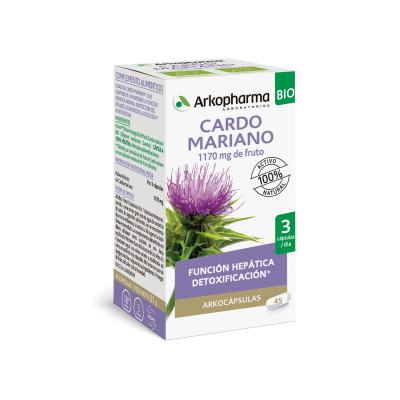 Arkocapsulas Cardo Mariano Bio. Cada cápsula contiene 300 mg de frutos criomolidos de cardo mariano bio (<i>Silybum marianum</i> L.). Envase de 45 cápsulas (CN: C.N. 046155). Complemento alimenticio.