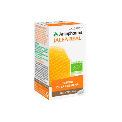 Arkocápsulas Jalea Real Bio. Cada cápsula contiene 56 mg de jalea real liofilizada. Espesante: goma de acácia bio, fibra de manzana bio. Cubierta vegetal: hidroxipropilmetilcelulosa.  45 cápsulas, CN: 248211.1. Complemento alimenticio.