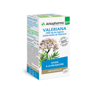 Arkocápsulas Valeriana Bio. Cada cápsula contiene 350 mg de polvo de órganos subterráneos de valeriana (<i>Valeriana officinalis</i> L.). Cubierta de la cápsula de origen vegetal: hidroxipropilmetilcelulosa. Envases de 45 cápsulas, CN: 046151. Complemento alimenticio