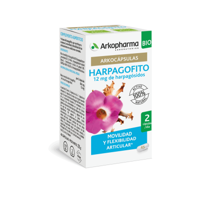 Arkocápsulas Harpagofito Bio. Cada cápsula contiene 413 mg de raíz criomolida de harpagofito (<i>Harpagophytum procumbens</i>), de los cuales, 6 mg de harpagósidos. Emulsionante: lecitina de girasol. Cápsula vegetal: hidroxipropilmetilcelulosa. Envases de 45 cápsulas, CN: 046152. Complemento alimentico.