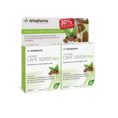 Arkodiet Café Verde. Cada cápsula contiene 400 mg de extracto de café verde (<i>Coffea arabica</i>) y 1 mg de sulfato de zinc, agente de carga: celulosa microcristalina, antiaglomerante: estearato de magnesio,estabilizador: dióxido de silicio. Cápsula: gelatina; colorantes: dióxido de titanio, óxido de hierro amarillo. Contiene 16 mg de cafeína por dosis diaria. 30 cápsulas x 2, CN: 045856. Complemento alimenticio.