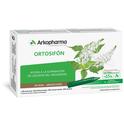 Arkofluido Ortosifón. cada ampolla contiene 15 mg de extracto de hoja de ortosifón (<i>Orthosiphon stamineus</i> Benth.) obtenido a partir de 1,58 g de planta, acidificante: zumo concentrado de limón. 20 ampollas, CN: 153226.8. Complemento alimenticio.