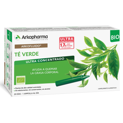 Arkofluido Té Verde BIO. Cada ampolla contiene 13,4 g de extracto de hoja de té verde bio (<i>Camellia sinensis</i> (L.) Kuntze), jarabe de trigo bio, zumo concentrado de piña bio y aroma de piña. Envases de 20 ampollas de 15 mL, CN: 396275.9. 