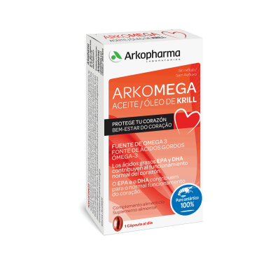 Arkomega Aceite de Krill. Cada cápsula contiene 250 mg de aceite de krill antártico (<i>Euphausia superba</i>) que aportan 55 mg de ácidos grasos omega-3 (30 mg de EPA y 13,75 mg de DHA), 110 mg de fosfolípidos y 20 mg de astaxantina. Cubierta de la cápsula: gelatina, glicerol. Aroma de vainilla. 15 cápsulas (CN: 172301.7), 15 cápsulas x 2 (CN: 202186.0). Complemento alimenticio.