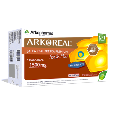 Arkoreal Jalea Real Fresca Sin Azúcar 1500 mg. 20 ampollas. Cada ampolla contiene 1.500 mg de jalea real fresca. CN: 251995.4. Complemento alimenticio.