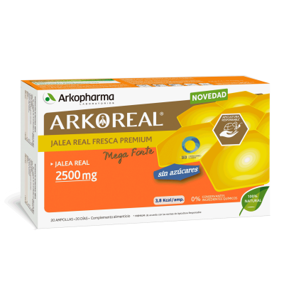 Arkoreal Jalea Real Mega Forte 2500 mg Sin Azúcar. 20 ampollas. Cada ampolla contiene 2500 mg de jalea real fresca. CN: 199306.9. Complemento alimenticio.