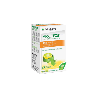 Arkotos Comprimidos para la tos. Cada comprimido contiene 100 mg de extracto seco de raíz de malvavisco (maltodextrina), 3 mg de hialuronato de sodio. isomalt, aroma natural de limón, mono y diglicéridos de ácidos grasos, ácido cítrico, estearato de magnesio.24 comprimidos, CN: 173105.0. Producto sanitario.