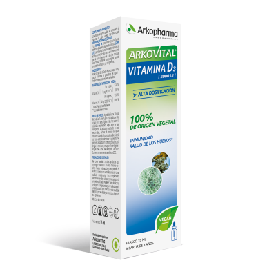 Arkovital Vitamina D3 Gotas 15 mL. 1 gota aporta 10 mcg (400 U.I) de vitamina D<sub>3</sub> procedente de una fuente sostenible de liquen (200% VRN). CN: 204605.4. Complemento alimenticio.