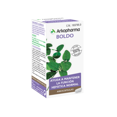 Arkocápsulas Boldo. Cada cápsula contiene 290 mg de  hoja criomolida de boldo (<i>Peumus boldus</i> Molina). Cubierta de la cápsula vegetal: hidroxipropilmetilcelulosa. 48 cápsulas, CN: 183795.0. Complemento alimenticio.