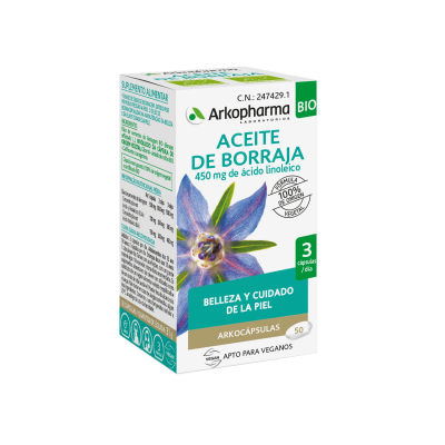 Arkocaps Aceite de Borraja Bio. Cada cápsula contiene 500 mg de aceite extraído de semila de Borraja (<i>Borago officinalis</i> L.), conteniendo 166 mg de ácido linoleico y 100 mg de ácido gamma linolénico. Envases de 50 cápsulas. CN: 247429.1. Complemento alimenticio
