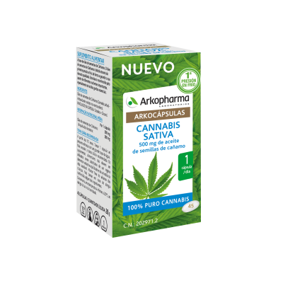 Arkocápsulas Cannabis Sativa. 45 cápsulas. Cada cápsula contiene 500 mg de aceite de semilla de cáñamo (<i>Cannabis sativa</i>) que aportan 280 mg de ácido linoleico. Antioxidante: extracto rico en tocoferol. Cápsula: gelatina, glicerol. CN: 202971.2. Complemento alimenticio.