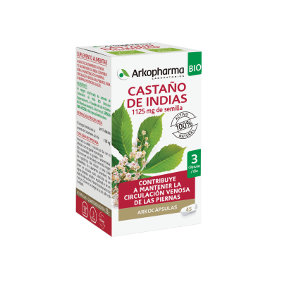 Arkocapsulas Castaño de Indias Bio. Cada cápsula contiene 375 mg de corteza criomolida de <i>Aesculus hippocastanum</i> L. (castaño de Indias). Envase de 45 cápsulas (CN: 201110.6) y 84 cápsulas (CN: 201112.0). Complemento alimenticio.