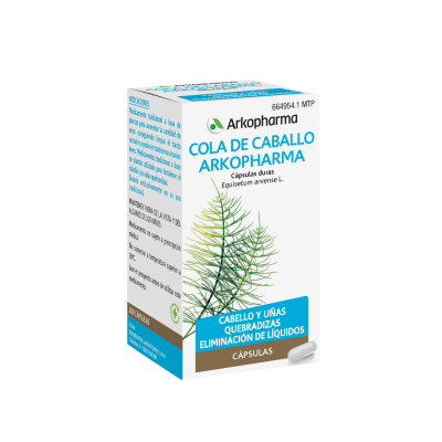Arkopharma Cola de Caballo. Cada cápsula contiene 190 mg de parte aérea criomolida de cola de Caballo (<i>Equisetum arvense</i> L.).  Envase de 50 cápsulas (CN: 664951.0), 100 cápsulas (CN: 664952.7), 200 cápsulas (CN: 664954.1). Medicamento tradicional a base de plantas (MTP).