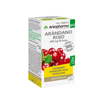 Arkocaps Arándano Rojo Bio. Cada cápsula contiene 300 mg de polvo de arándano rojo (<i>Vaccinium macrocarpon</i>). Envases de 45 cápsulas. CN: 192672.2. 