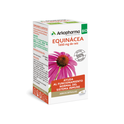 Arkocápsulas Equinácea Bio. Cada cápsula contiene 270 mg de polvo de raíz de equinácea bio (<i>Echinacea purpurea</i> (L.) Moench), con una valoración miníma del 0,5% en ácidos caftáricos y cichórico. Cápsula vegetal: hidroxipropilmetilcelulosa. Envase de 45 cápsulas (CN: 672680.8). Complemento alimenticio.