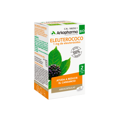 Arkocápsulas Eleuterococo Bio. Cada cápsula contiene 150 mg de polvo y 100 mg de extracto de raíz de <i>Eleutherococcus senticosus</i> Rupr. et Maxim. (eleuterococo), equivalente a 600 mg de raíz seca. Cápsula vegetal: hidroxipropilmetilcelulosa. Envase de 40 cápsulas (CN: 180252.1). Complemento alimenticio.