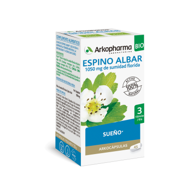 Arkocápsulas Espino Albar Bio. Cada cápsula contiene 350 mg de sumidades floridas criomolidas de espino albar bio (<i>Crataegus monogyna</i> Jacq. (Lindm) y/o <i>Crataegus laevigata</i>, con una valoración mínima 1,2% de flavonoides totales expresados en hiperósidos. Envase de 45 cápsulas, CN: 046153. Complemento alimenticio.