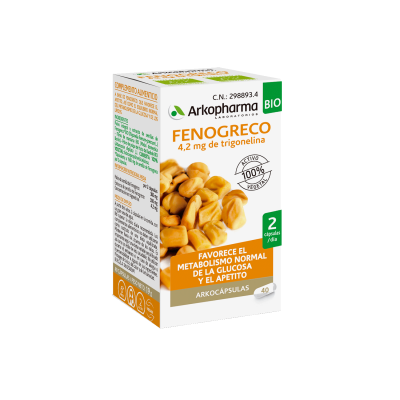 Arkocápsulas Fenogreco Bio. Cada cápsula contiene 150 mg de polvo micronizado y 150 mg de extracto de semilla de fenogreco bio (<i>Trigonella foenum-graecum</i> L.), equivalente a 750 mg de semilla (2,1 mg de trigonelina). Envase de 40 cápsulas, CN: 298893.4. Complemento alimenticio.