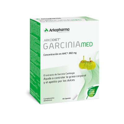Arkodiet Garcinia Cambogia. Cada cápsula contiene 401 mg de extracto de fruto, de <i>Garcinia Cambogia</i> conteniendo un 50% de ácido hidroxicítrico (AHC). Envases de 45 cápsulas, CN: 331074. Envases de 90 cápsulas (CN: 331074.1). Envases de 90 cápsulas x 2 (CN: 046607). 