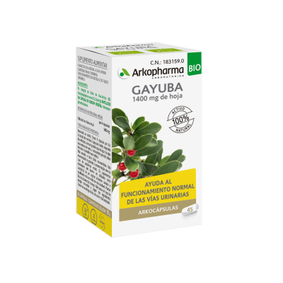 Arkocápsulas Gayuba Bio. Cada cápsula contiene 466 mg de polvo integral de hoja de gayuba bio (<i>Arctostaphylos uva-ursi</i> (L.) Spreng). Envases de 45 cápsulas, CN: 183159.0. Complemento alimenticio.