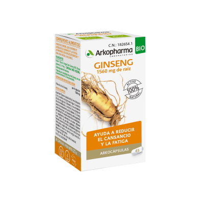 Arkocapsulas Ginseng Bio. Cada cápsula contiene 390 mg de polvo (Totum integral) de raíz ginseng bio (<i>Panax ginseng</i> C.A. Meyer), con una valoración mínima de 1,5% de ginsenósidos. Cápsula vegetal: hidroxipropilmetilcelulosa. Envases de 45 cápsulas (CN: 182654.1) y 84 cápsulas (CN: 183156.9). 