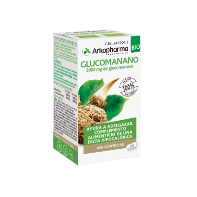 Arkocaps Glucomanano Bio. Cada cápsula contiene 500 mg de polvo de raíz de konjac bio (<i>Amorphophallus Konjac</i> Schott.), conteniendo 333 mg de glucomananno. Cápsula vegetal: hidroxipropilmetilcelulosa. Envases de 45 cápsulas (CN: 249904.1) y de 80 cápsulas, CN: 376905. Envases de 150 cápsulas, (CN: 376905.1). Complemento alimenticio.