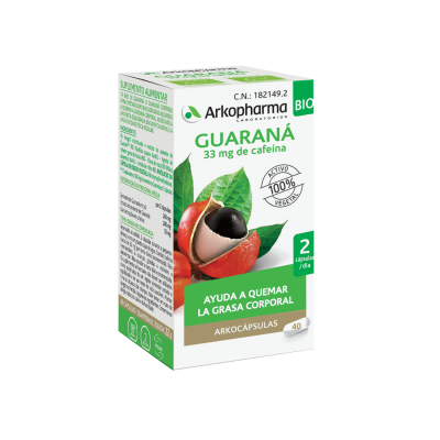 Arkocapsulas Guaraná Bio. Cada cápsula contiene 130 mg de polvo y 120 mg de extracto de semilla de guaraná bio ( <i>Paullinia cupana</i> Kunth), conteniendo 16,5 mg de cafeína. Cápsula vegetal: hidroxipropilmetilcelulosa. Envase de 40 cápsulas (CN: 182149.2).y de 80 cápsulas (CN: 183157.6). Complemento alimenticio.