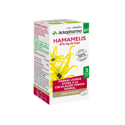 Arkocápsulas Hamamelis Bio. Cada cápsula contiene 290 mg de polvo de hoja de hamamelis (<i>Hamamelis virginiana</i> L.), con una valoración mínima del 3% de taninos (expresados en pirogalol). Cápsula vegetal: hidroxipropilmetilcelulosa. Envase de 45 cápsulas, CN: 184048.6. Complemento alimenticio
