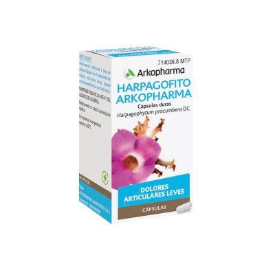 Arkopharma Harpagofito. Cada cápsula contiene 413 mg de raíz criomolida de harpagofito (<i>Harpagophytum procumbens</i>), con un contenido mínimo de 1,2% de harpagósidos. Antiaglomerantes: dióxido de silicio, estearato de magnesio. Cápsula vegetal: hidroxipropilmetilcelulosa. Envases de 48 cápsulas (CN: 714036.8), 84 cápsulas (CN: 665664.8) y 168 cápsulas (CN: 665665.5). Medicamento tradicional a base de plantas (MTP). 