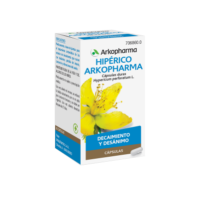 Arkopharma Hipérico. Cada cápsula contiene 175 mg de extracto seco de sumidad florida de hipérico (<i>Hypericum perforatum</i> L.). Envase de 42 cápsulas, CN: 661132. Medicamento. 