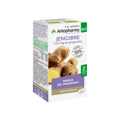 Arkocápsulas Jengibre Bio. Cada cápsula contiene 150 mg de polvo y 100 mg de extracto de rizoma de jengibre bio (<i>Zingiber officinale</i> Rosc), conteniendo 6,3 mg de gingeroles. Envases de 40 cápsulas, CN: 297259.9. Complemento alimenticio.