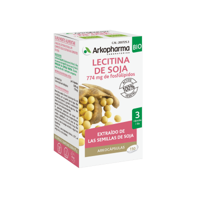 Arkocápsulas Lecitina de Soja Bio. Cada cápsula contiene 430 mg de lecitina de soja que aportan 258 mg de fosfolípidos. Aceite de semilla de Soja bio (<i>Glycine max</i> (L) Merril). Cápsula vegetal: glicerol, almidón de maíz bio. Gelificante: carragenanos. Envases de 42 cápsulas (CN: 247387.4) y de 150 cápsulas (CN: 200725.3). Complemento alimenticio.