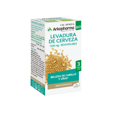 Arkocápsulas Levadura de Cerveza Bio. Cada cápsula contiene 445 mg de levadura de cerveza revivificable (<i>Saccharomyces cerevisiae</i>). Cápsula vegetal: hidroxipropilmetilcelulosa. 45 cápsulas, CN: 247437.6.  Complemento alimenticio.