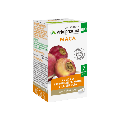 Arkocaps Maca Bio. Cada cápsula contiene 225 mg de extracto seco de tubérculo de maca bio (<i>Lepidium meyenii</i>). Fibras de manzana bioCápsula vegetal: hidroxipropilmetilcelulosa. Envase con 40 cápsulas, CN: 153 801.7. Complemento alimenticio.