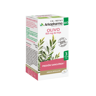 Arkocapsulas Olivo Bio. Cada cápsula contiene 275 mg de hojas criomolidas de olivo bio (<i>Olea europea</i> L.), con una valoración mínima de 4% de oleuropeína. Envases de 45 cápsulas (CN: 183116.3) y 84 cápsulas (CN: 183117.0). Complemento alimenticio.