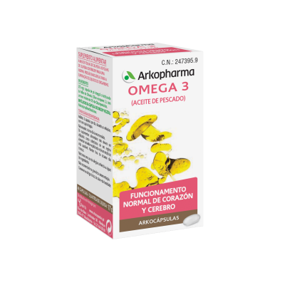 Arkocápsulas Omega 3. Cada cápsula contiene 520 mg de aceite de pescado (187,5 mg de omega-3, 400 mg de EPA y 250 mg de DHA). 50 cápsulas (CN: 247395.9, 100 cápsulas (CN: 189837.1). Complemento alimenticio.