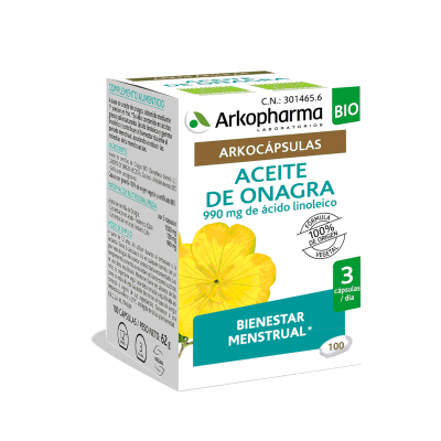 Arkocaps Aceite de Onagra Bio. Cada cápsula contiene 500 mg de aceite de semillas de onagra bio (<i>Oenothera biennis</i>), conteniendo 46 mg de ácido y-linolénico (GLA) y 330 mg de ácido linoleico. Envases de 50 cápsulas (CN: 247411.6), 100 cápsulas (CN: 301465.6) y 200 cápsulas (CN: 200329.3). Complemento alimenticio.