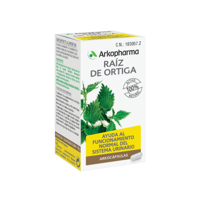 Arkocapsulas Raíz de Ortiga. Cada cápsula contiene 290 mg de raíz criomolida de ortiga (<i>Urtica dioica</i> L., <i>Urtica urens</i> L.). Cápsula vegetal: hidroxipropilmetilcelulosa. Envases de 45 cápsulas, CN: 183957.2. Complemento alimenticio.