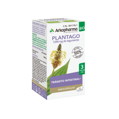 Arkocápsulas Plantago Bio. Cada cápsula contiene 300 mg de polvo de tegumento de plantago bio (<i>Plantago ovata</i> Forsk.), con una valoración mínima del 30% de mucílagos. Cápsula vegetal: hidroxipropilmetilcelulosa. Envases de 45 cápsulas (CN: 301176.1) y de 84 cápsulas (CN: 275180.4). Complemento alimenticio.