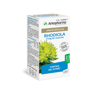 Arkocápsulas Rhodiola. Cada cápsula contiene 192 mg de extracto de raíz de rodiola (<i>Rhodiola rosea</i> (L.) Scop.), que aportan 6 mg de rosavina y 1,9 mg de salidrósidos. Fibras de manzana, almidón de maíz, antiaglomerante: estearato de magnesio. Cápsula vegetal: hidroxipropilmetilcelulosa. Colorante: complejo cúprico de clorofilinas.  45 cápsulas, CN: 165880.7. Complemento alimenticio.