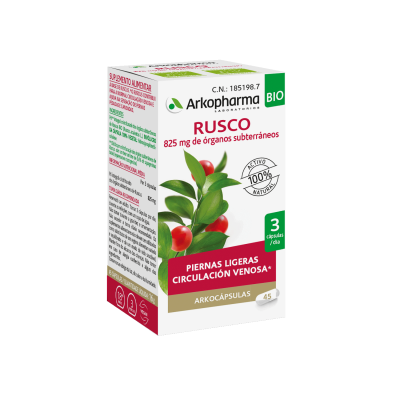 Arkocapsulas Rusco Bio. Cada cápsula contiene 350 mg de polvo de rizoma criomolido de rusco bio (<i>Ruscus aculeatus</i> L.). Envases de 48 cápsulas, CN: 185198.7. Complemento alimenticio.