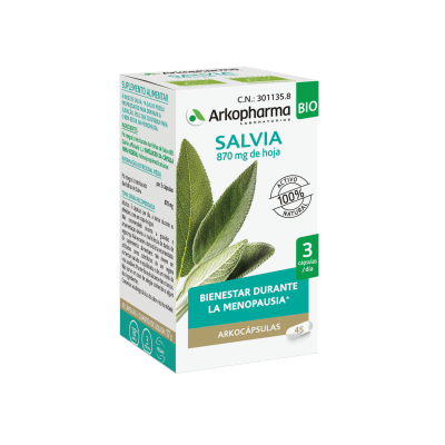 Arkocápsulas Salvia Bio. Cada cápsula contiene 290 mg de polvo (totum integral) de hoja de salvia (<i>Salvia officinalis</i>). Cápsula vegetal: hidroxipropilmetilcelulosa. Envases de 45 cápsulas, CN: 301135.8. Complemento alimenticio.