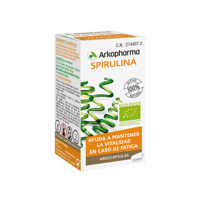 Arkocápsulas Spirulina Bio. Cada cápsula contiene 392 mg de polvo micronizado de talo de espirulina bio (<i>Spirulina maxima</i> (Gomont) Geitler). Cápsula: hidroxipropilmetilcelulosa. Envases de 45 cápsulas, CN: 274407.3.