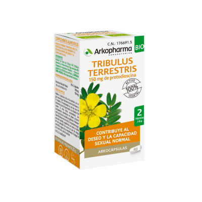 Arkocápsulas Tribulus Bio. Cada cápsula contiene 375 mg de extracto de fruto de tribulus bio (<i>Tribulus terrestris</i> L.)., que aportan 75 mg de proantocianidinas. Polvo de fruto trigo sarraceno bio (<i>Fagopyrum esculentum</i> Moench., polvo de pulpa de coco bio (<i>Cocos nucifera</i> L.). Cápsula vegetal: hidroxipropilmetilcelulosa. 40 cápsulas, CN: 176691.5. Complemento alimenticio.