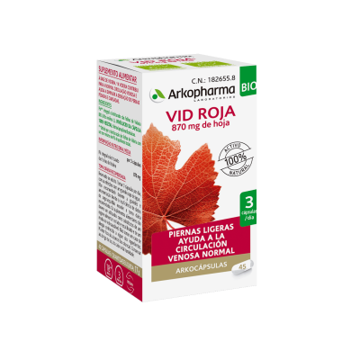 Arkocapsulas Vid Roja Bio. Cada cápsula contiene 290 mg de polvo (totum integral) de hoja de vid roja bio (<i>Vitis vinifera</i> L.), con una valoración mínima del 4% en polifenoles totales. Cápsula vegetal: hidroxipropilmetilcelulosa. Envases de 45 cápsulas (CN: 182655.8) y de 84 cápsulas (CN: 183158.3). Complemento alimenticio.