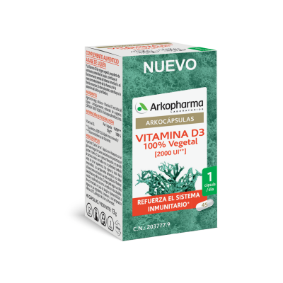 Arkocápsulas Vitamina D3 100 % Vegetal.  45 cápsulas. Cada cápsula contiene 50 mcg de vitamina D<sub>3</sub> extraída de liquen (1000% VRN), agente de carga: celulosa; antiaglomerantes: carbonato de magnesio, mono y diglicéridos de ácidos grasos; fibra de manzana (<i>Malus domestica</i> Borkh.); aceite de semillas de colza (<i>Brassica napus</i> subsp. <i>napus</i>); antioxidante rico en tocoferoles, Cápsula vegetal: hidroxipropilmetilcelulosa. CN: 203777.9. Complemento alimenticio. 