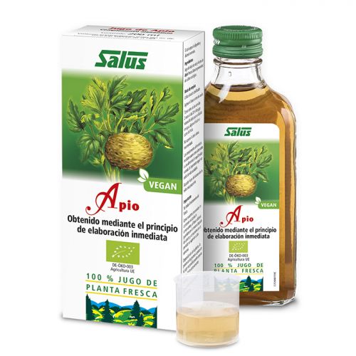 Apio Bio. Jugo de raíz y hierba de apio frescas (<i>Apium graveolens</i>) de cultivo ecológico. Frasco de 200 mL. Complemento alimenticio.