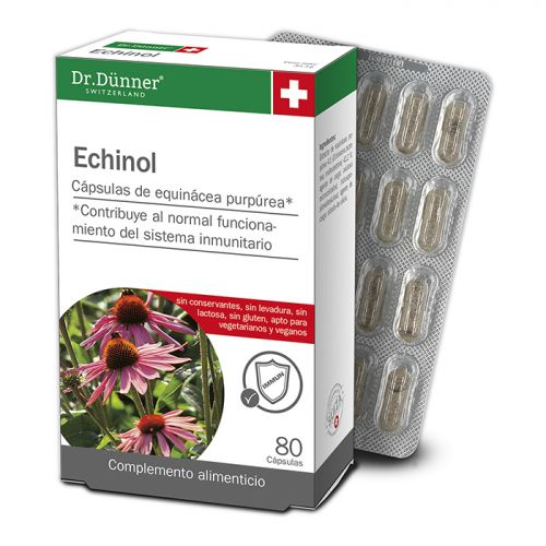 Echinol. Cada comprimido contiene 160 mg de extracto seco (4:1) de equinácea purpúrea. 80 cápsulas en envase blíster. Complemento alimenticio. CN: 200762.8.